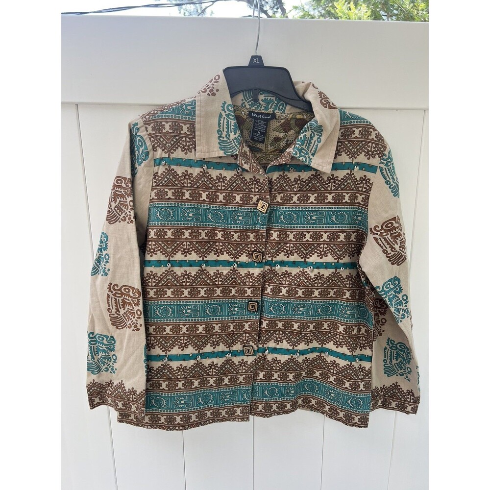 West End Womens Button Up Batik Embellished Sea Shells Linen Blend Vintage